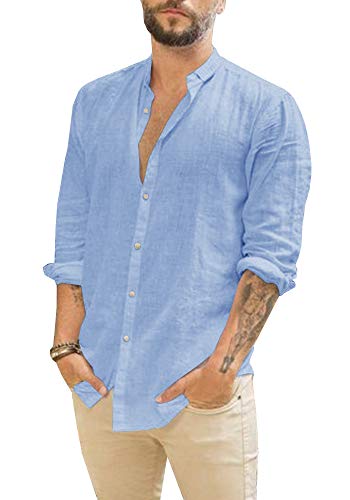 Makkrom Camisas de manga larga para hombre Camisas de verano con botones de lino para yoga en la playa
