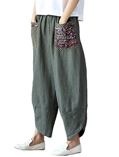 Minibee, pantalones holgados de lino de pierna ancha para mujer, pantalones harén de cintura elástica con retales casuales, verde militar M