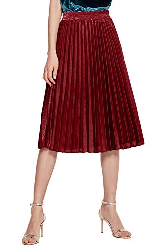 CHARTOU Falda larga plisada en acordeón con brillo metálico brillante premium para mujer (X-Small, Red-Knee Length)
