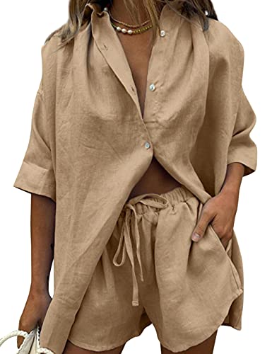 SAFRISIOR, conjuntos de pijama de manga corta de dos piezas para mujer, pantalones cortos con botones en la parte superior de la cintura elástica, conjunto de chándal, conjunto de chándal de color caqui