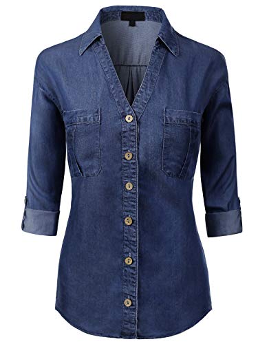 MixMatchy - Camisa de mezclilla de manga larga con cuello en V y botones de Tencel para mujer, mezclilla oscura 1XL