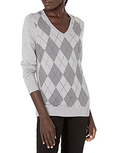 Amazon Essentials - Suéter ligero de manga larga con cuello en V para mujer, gris claro jaspeado Argyle, X-Small