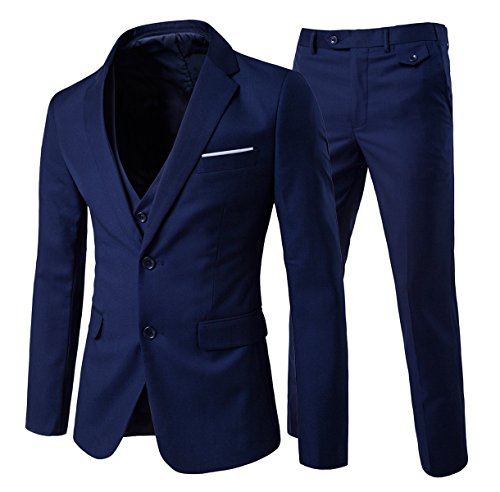 Traje de 3 piezas para hombre, 2 botones, ajustado, color sólido, chaqueta, traje formal de boda elegante, azul marino, mediano
