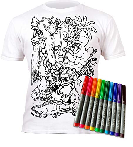 Splat Planet Color en camiseta de animales de zoológico, safari y jungla con 10 bolígrafos mágicos lavables no tóxicos - Camiseta para colorear y lavar y colorear de nuevo ... (5-6 años) Blanco