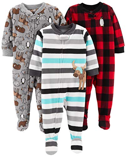 Simple Joys by Carter's - Paquete de 3 pijamas holgados de forro polar resistente a las llamas para niños, animales árticos / ratón a rayas / cuadros de búfalo, 3T
