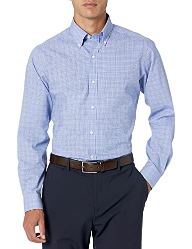 Marca Amazon - Camisa de vestir sin planchado con cuello de botones y botones ajustados para hombre, azul a cuadros, cuello de 18 ', manga de 36' (grande y alto)